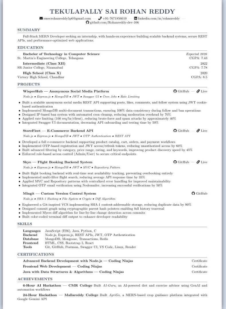 rohanreddy106's tweet image. Final-year Computer Science student and Full-Stack MERN Developer, seeking internship opportunities to learn and contribute.
#Internship #TechInternship #SoftwareInternship #HiringInterns #OpenToWork