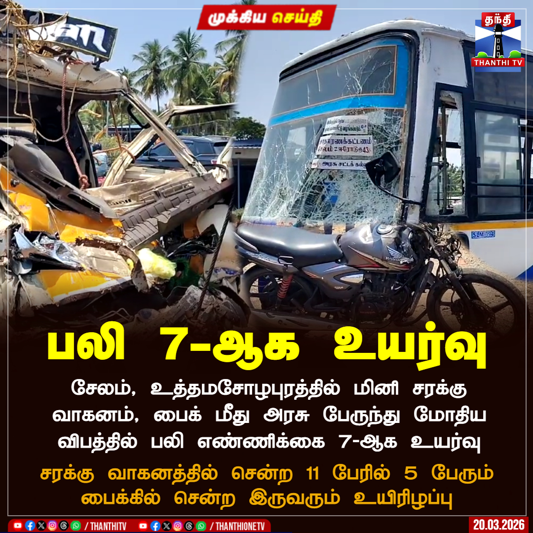 ThanthiTV's tweet image. பலி 7-ஆக உயர்வு

சேலம், உத்தமசோழபுரத்தில் மினி சரக்கு வாகனம், பைக் மீது அரசு பேருந்து மோதிய விபத்தில் பலி எண்ணிக்கை 7-ஆக உயர்வு

சரக்கு வாகனத்தில் சென்ற 11 பேரில் 5 பேரும் பைக்கில் சென்ற இருவரும் உயிரிழப்பு

#salem #BusAccident #dead