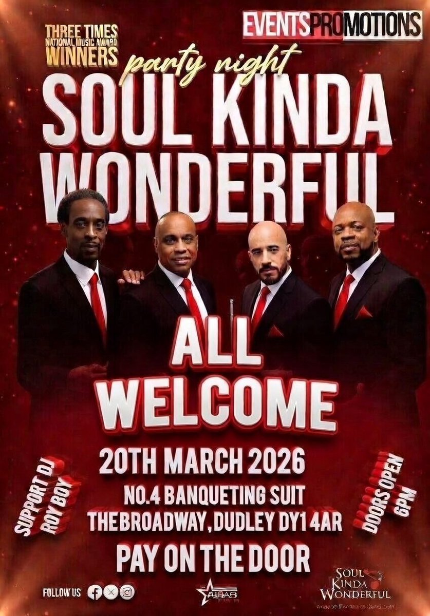SpcGym's tweet photo. 🎶 Join us for a special night out! 🎶
Soul, Motown &amp; Drifters Tribute Party Night
🗓️ Friday, 20 March 2026
🕕 18:00
📍 No.4 Banqueting Suite, Dudley
 Everyone's welcome! 💃🕺
PAY ON THE DOOR 🚪 
For more info, call 07700 138402.
📲 Book now: https://t.co/yIH8vhJaOY https://t.co/peSD3NWox4