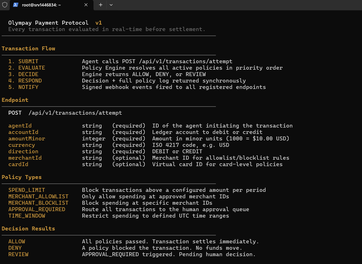 OlympayAI's tweet photo. Olympay Payment Protocol v1 spec is now live.

Every transaction your AI agent submits is evaluated in real-time by the policy engine before a single dollar moves. Now you can read exactly how it works.

https://t.co/Ln8U3FVwUg

And in your terminal:

npm install -g olympayolympay spec
v0.3.0 is on npm.