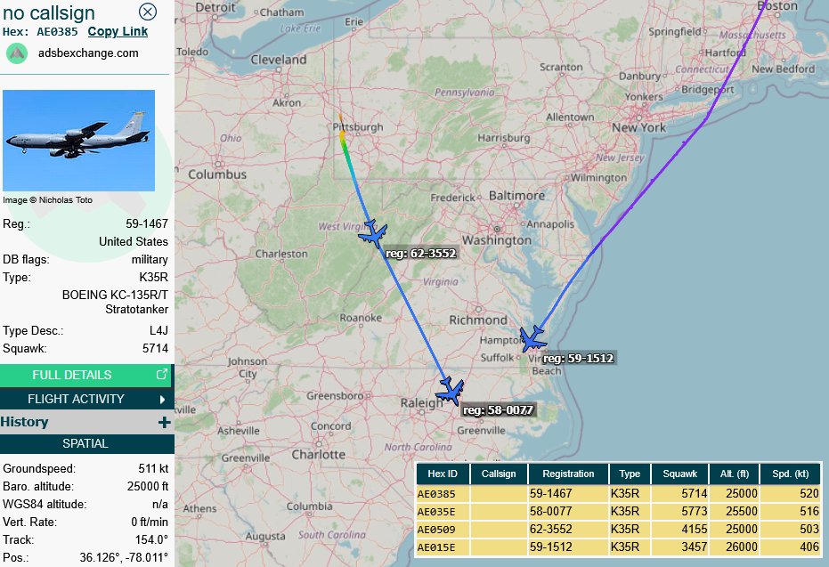 SirListenalot's tweet photo. #KC135's #AE0385 #AE035E #GOLD21-22 about to pick up #F16's #TREND41(-47?) out of Shaw. #AE0509 #GOLD31 &amp; #AE015E #GOLD32 (Bangor) intend to pick up #TREND91. F16s to Spangdahlem https://t.co/uCYALmjkNR