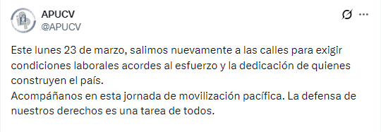 El_Cooperante's tweet photo. 🇻🇪 | La Asociación de Profesores de la Universidad Central de Venezuela (Apucv) convocó a una movilización nacional para el próximo lunes 23 de marzo 

La jornada tiene como objetivo exigir condiciones laborales "acordes al esfuerzo y la dedicación de quienes construyen el país" https://t.co/FcDqJlOQQv