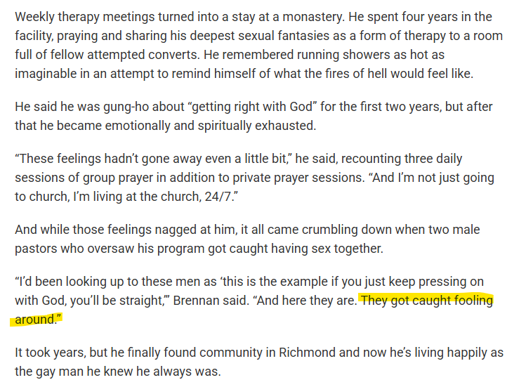 BradKutner's tweet image. Virginia used to be the capital of ex-gay therapy until every program shut down because they don't work and all the folks behind the programs were banging each other. #VALeg 

Here's one example from someone who spent years in a monastery👉wvtf.org/news/2024-09-2…