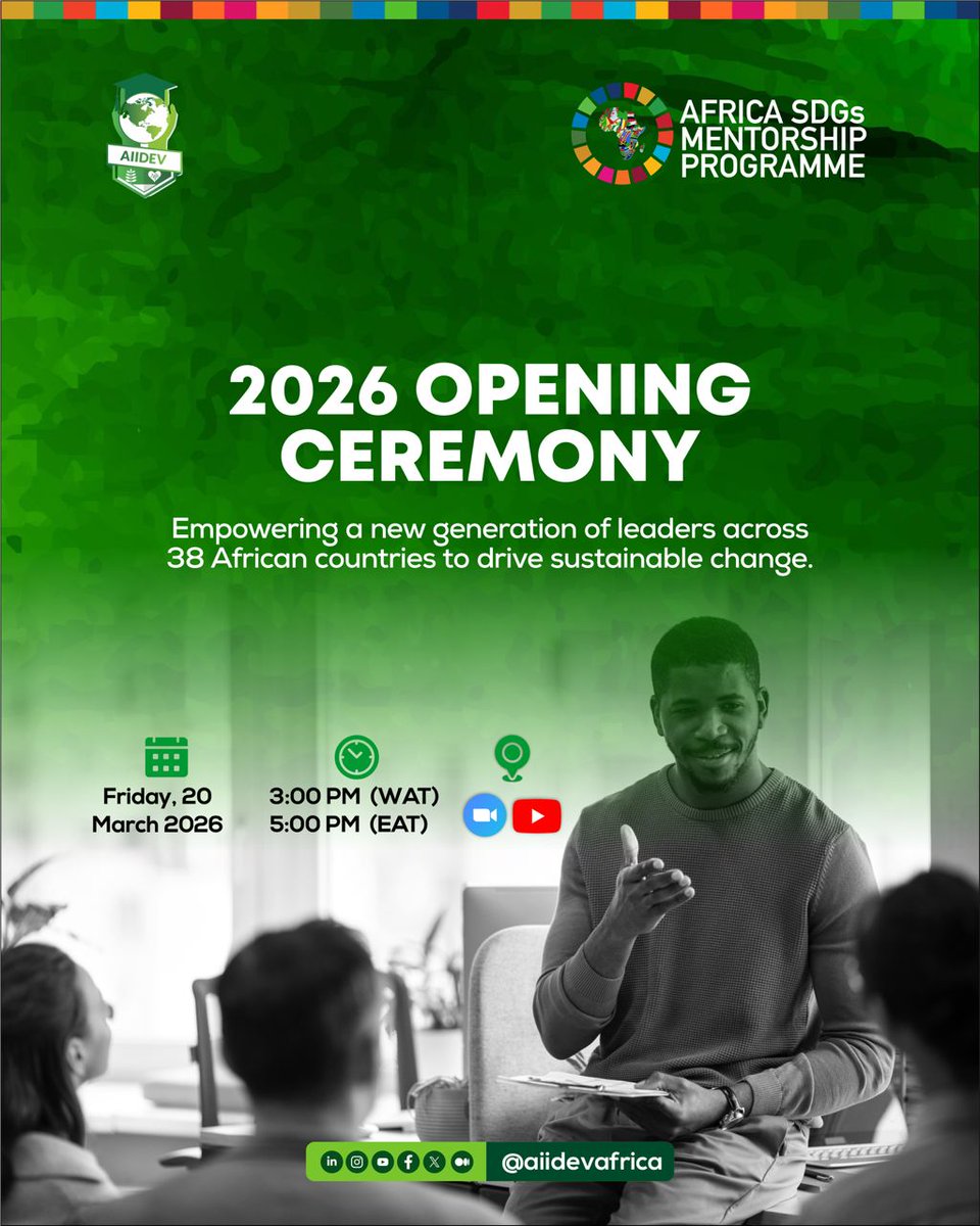 aiidevafrica's tweet photo. Excited to welcome the 2026 Cohort of our Africa SDGs Mentorship Programme! 🌍
Passionate emerging leaders from 38 African countries ready to drive innovation & impact.
Building a powerful network for the SDGs. Join us!
#weareAIIDEV #acceleratesdgs #AMP https://t.co/5WxjN3Da5q