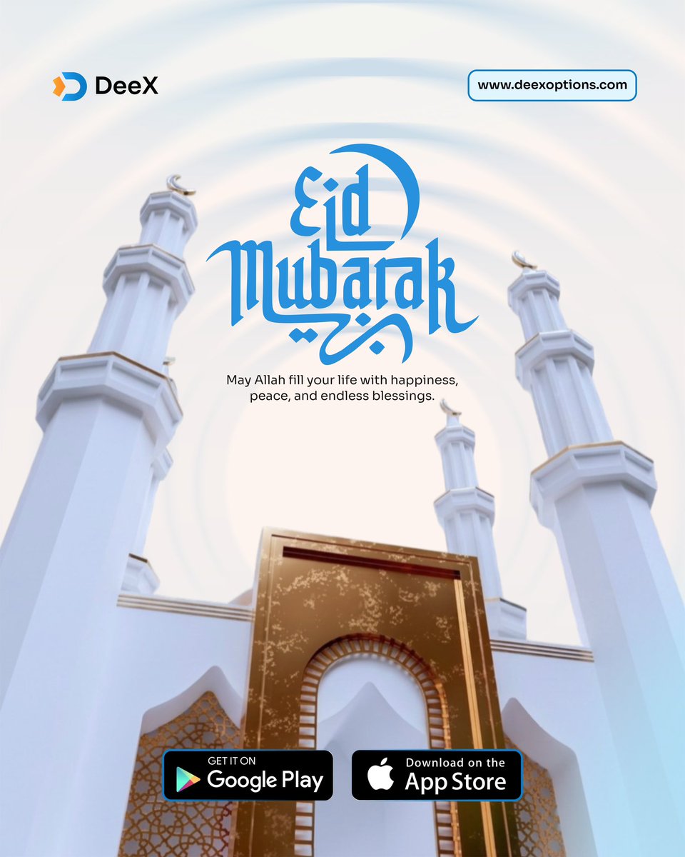deexoptions's tweet photo. Eid Mubarak 🌙
May your day be filled with peace, love and blessings. Don’t forget to share joy with the people around you. That’s the DeeX way 💙
#EidMubarak #EidElFitr #EidCelebration #DeeX https://t.co/k7Ir6EO0Y9