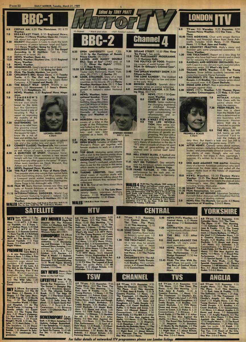 OTD in 1989. The Good Life, A Question of Sport and The Play on 1 are on BBC1. The Bill and After Henry are on ITV.