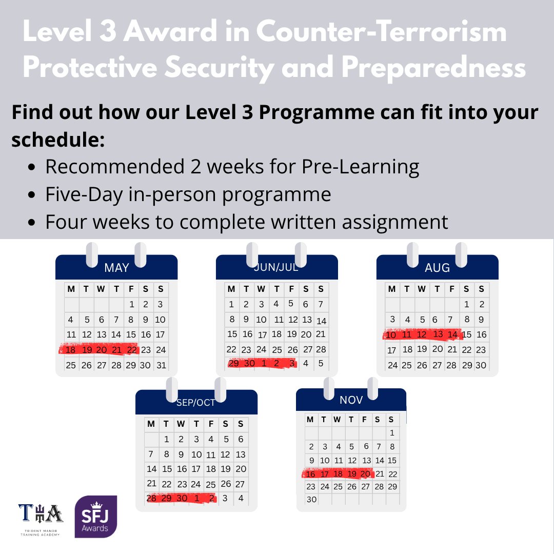 We have additional dates for the 5-day in-person programme of the Level 3 Award in Counter-Terrorism Protective Security and Preparedness from May-November 2026.

Access our training calendar here 👉  lnkd.in/eHC24Tg
Contact us: training@tridentmanor.com