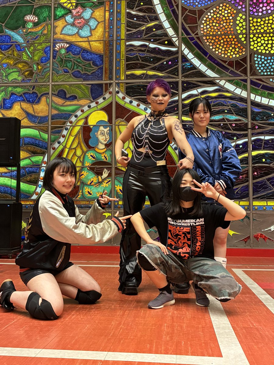 kappa1623's tweet photo. 2026.3.20RWF40周年興��in KBSホール
RWFの女子選手たち😘
左から〜
AKM(RWF3)
VIORIPLY(RWF2)
坂崎床オナ(RWF1)
林下くぱぁ美(RWF3)

#RWF40周年興行 #RWF #DWA_doshisha #学生プロレス https://t.co/zfsGF7RTrg