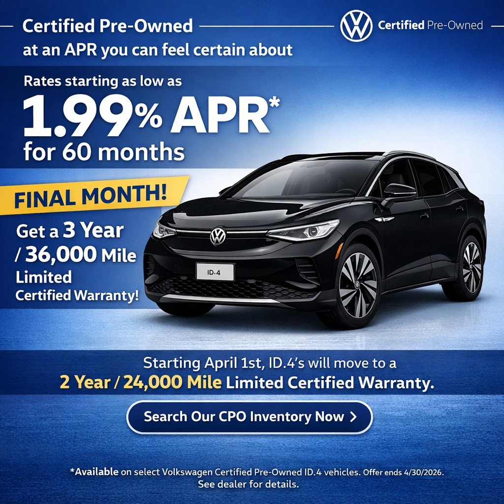 ALEXANDRIAVW's tweet photo. OVER 30 ID.4'S IN STOCK!: Final month for the 3yr/36k CPO ID.4 warranty!
Take advantage of 1.99% APR for 60 months on select Certified Pre-Owned ID.4 models.
Starting April 1st, ID.4 CPO coverage moves to 2yr/24k miles — don’t miss out. https://t.co/lMs6WuAEtH