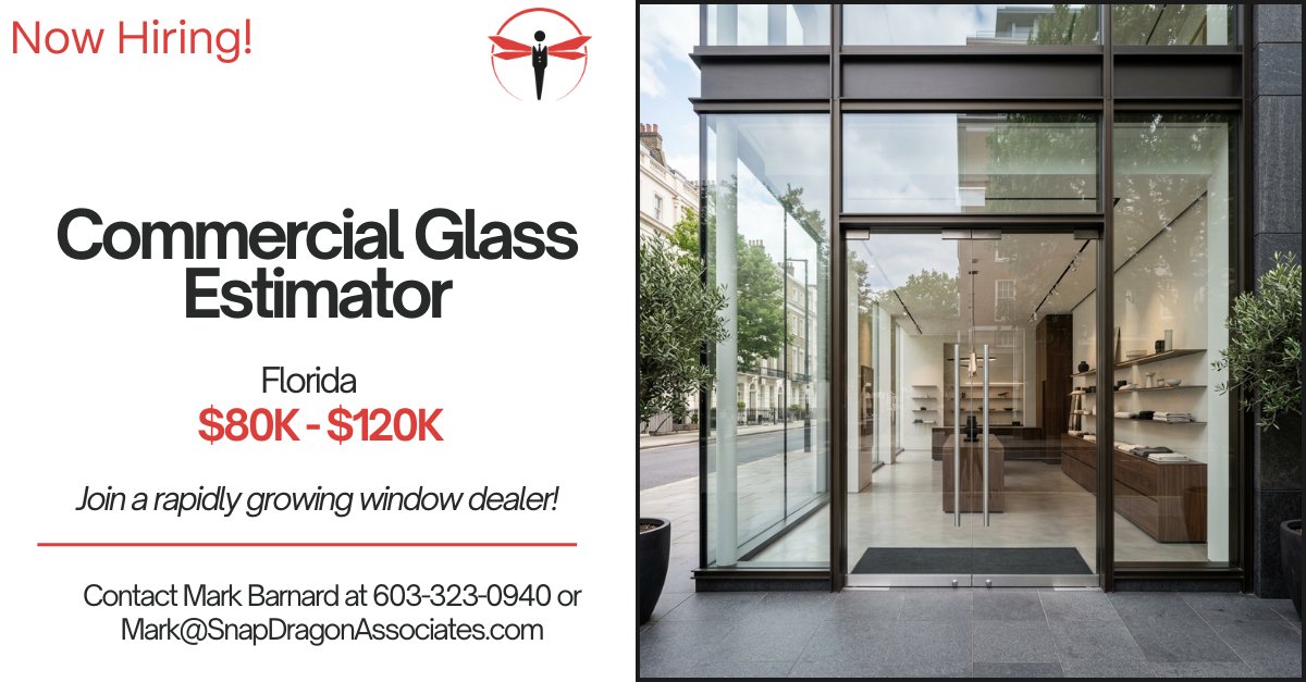 SnapDragonNH's tweet photo. Hiring: Commercial Glass/Window Estimator – Western FL (remote option for experienced candidates). Own takeoffs &amp; bid packages for commercial window/glass/glazing. 5+ yrs exp, Bluebeam + FL code knowledge. $80–120K DOE. Details:https://t.co/uZCesXcoBo

#hiring #estimator https://t.co/p5RC2sFaI6