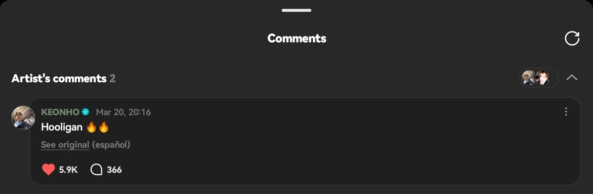 zhaoyufancokr's tweet image. Keonho left a comment on Seonghyeonʼs Weverse Moment

🐶 Hooligan 🔥🔥

#KEONHO #건호