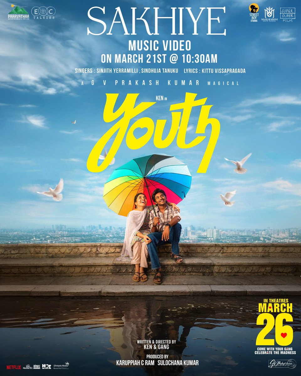 Get ready to fall in love all over again with this beautiful melody! 😍

#Sakhiye Music Video Out Tomorrow at 10:30 AM! 💞

A <a href="/gvprakash/">G.V.Prakash Kumar</a> Musical Magic 🎶
✍️ #KittuVissapragada 
🎤 <a href="/SinjithYerramil/">SinjithYerramilli</a> #SindhujaTanuku 

#YOUTHVibeTrailer 
– youtu.be/VDfU3pLaGdg

#YOUTH hitting big