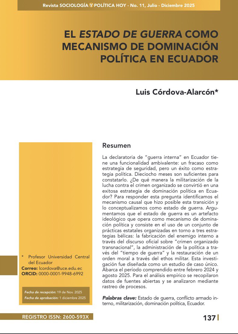 Ahora que la ONU reconoce que en Ecuador NO EXISTE un conflicto armado, vale la pena recordar que el estado de guerra es un mecanismo de dominación política, no una estrategia de seguridad.

1/