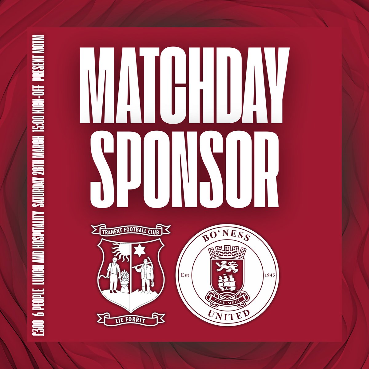 TranentFC's tweet photo. 📢 𝐌𝐚𝐭𝐜𝐡𝐝𝐚𝐲 𝐚𝐧𝐝 𝐌𝐚𝐭𝐜𝐡 𝐁𝐚𝐥𝐥 𝐒𝐩𝐨𝐧𝐬𝐨𝐫𝐬𝐡𝐢𝐩

We’re looking for a Matchday Sponsor and Match Ball Sponsor for next Saturday’s (28th March) home game against Bo’ness United at Foresters Park. 👇

🏆 Matchday Sponsor - £300

• 6 guests included
• Lunch & hospitality at Whispers & the Cadet Hut
• Present the Man of the Match award after the game
• Social media coverage prior to and on Matchday 

⚽ Match Ball Sponsor - £100

• 2 guests included
• Lunch & hospitality at Whispers & the Cadet Hut
• Social media coverage prior to and on Matchday 

A great opportunity to support Tranent Football Club while enjoying a brilliant matchday experience. 🇱🇻

Interested? Get in touch now through Social Media to secure your place! 🤝 

#TheBelters 🇱🇻 #LieForrit