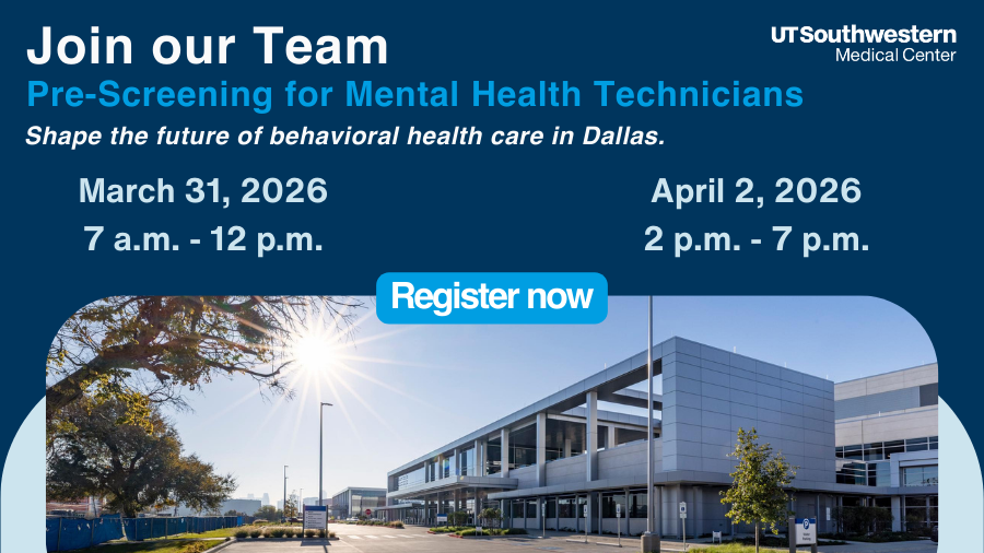 UTSWCareers's tweet photo. Join our team at the new Texas Behavioral Health Center! We’re hosting a virtual pre-screening event for Mental Health Technicians to learn about our mission and discover how you can make a difference in behavioral health.

Register here: https://t.co/90KJVD4a0t https://t.co/wK4GhNMCn4