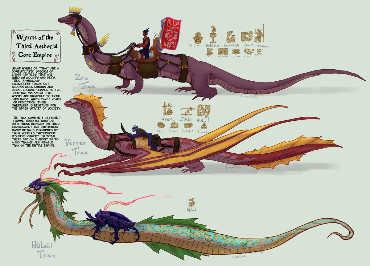 Some more creature designs for my worldbuilding project. The giant reptilian mounts of the Third Empire, which come in three forms: base, winged and serpentine