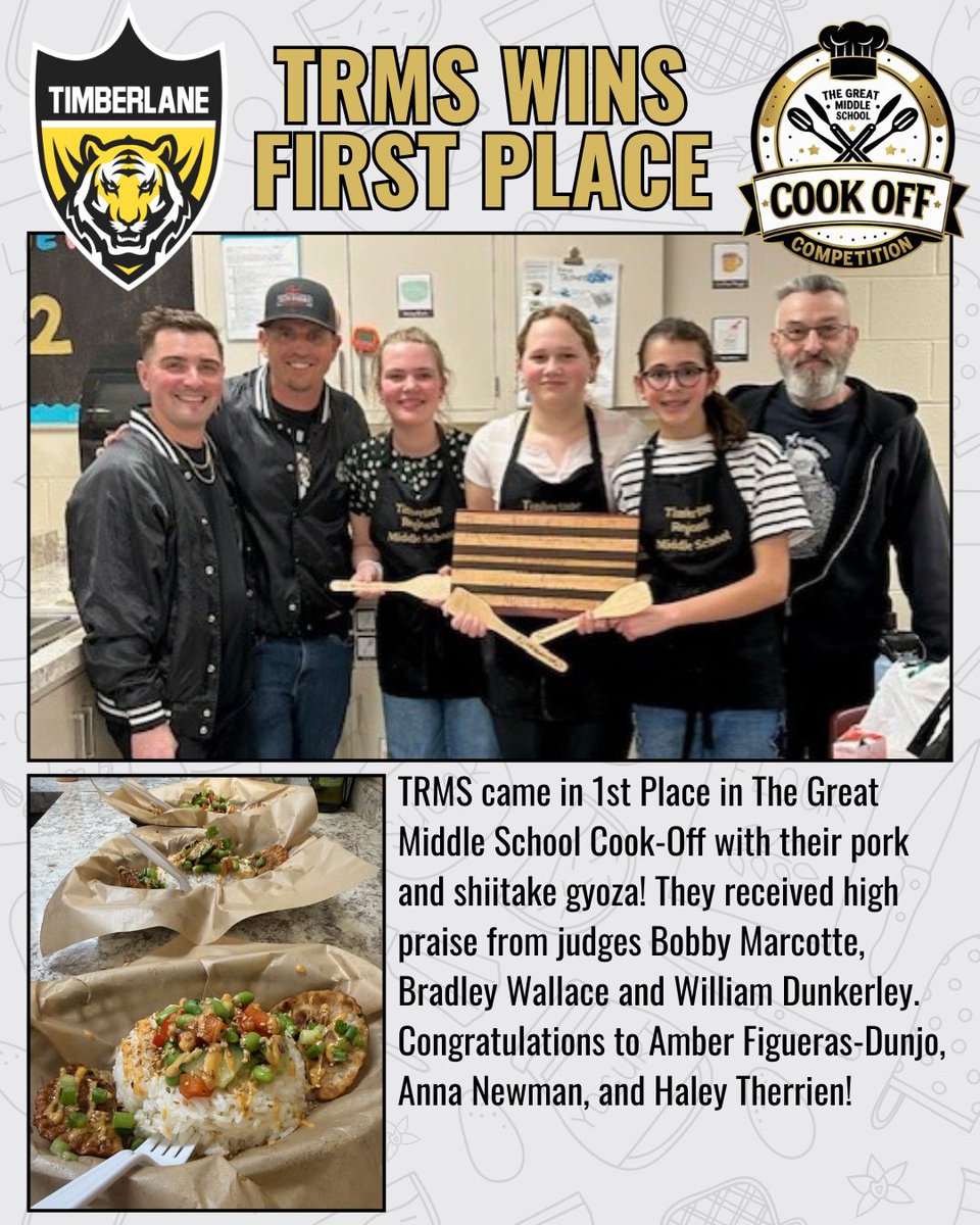 TimberlaneMS's tweet photo. TRMS came in 1st Place in The Great Middle School Cook-Off yesterday with their pork and shiitake gyoza! They received high praise from judges Bobby Marcotte, Bradley Wallace and William Dunkerley. Congratulations to Amber Figueras-Dunjo, Anna Newman, and Haley Therrien! https://t.co/5TdLf2xN2z