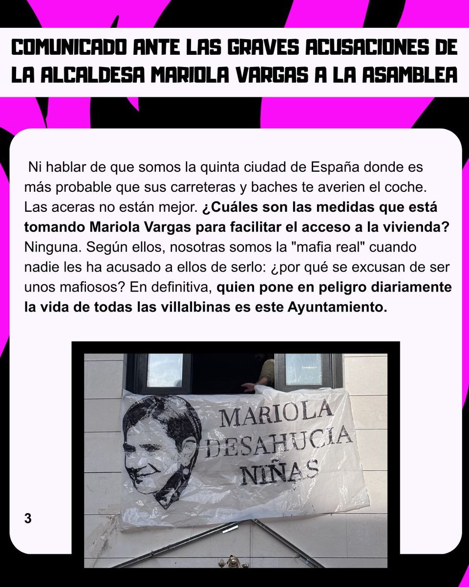 VillalbaViviend's tweet photo. COMUNICADO ANTE LAS GRAVES ACUSACIONES DE LA ALCALDESA @MariolaVargasPP 👇🏽 

❌ Nos acusa de ser "la mafia real" y que "cobramos a pobres personas para vivir en cualquier pocilga" 

Lee y difunde 📢 https://t.co/1mIvgQdjN2