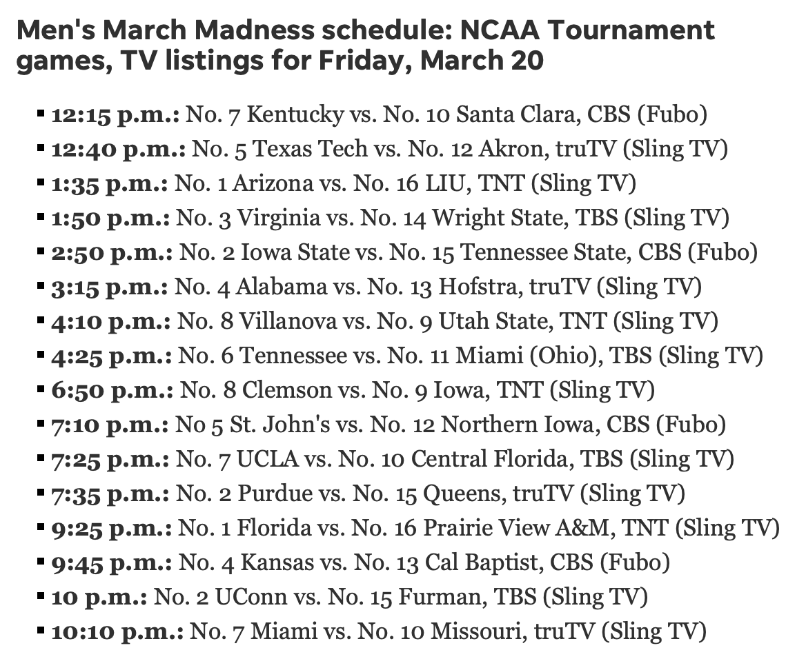 ChuckyT3's tweet image. Tip-off times (Eastern) for today's half of the #FirstRound of the men's #NCAATournament