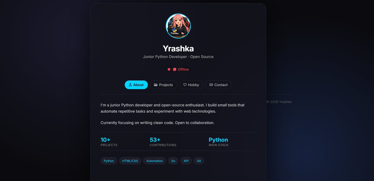 Yrashka200's tweet image. Update for website …ashka200-portfolio-website.vercel.app

Now you can now view my correct status: 
Online = I'll respond as soon as possible.
Offline = I'm sleeping/busy, responses may be delayed

#html #css