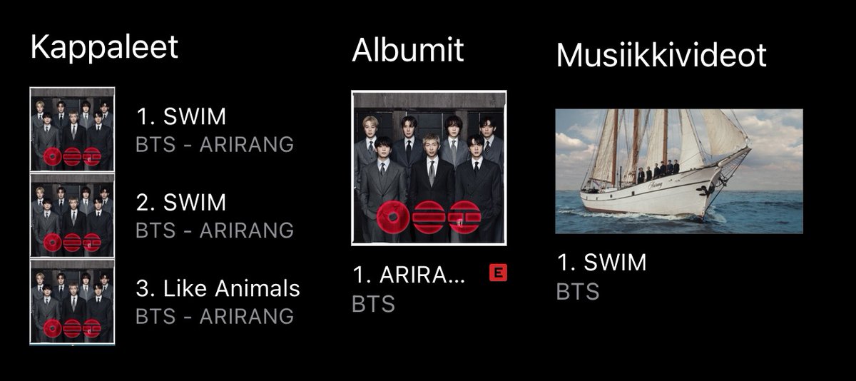 BTS_army_Fin's tweet photo. Finnish iTunes 200326 🇫🇮

Songs:
1) SWIM - BTS
2) SWIM - BTS
3) Like Animals - BTS

Albums:
1) Arirang - BTS

Music Videos:
1) SWIM - BTS

#BTS #방탄소년단 #BTS_ARIRANGARIRANG #BTS_SWIM #KEEPSWIMMING https://t.co/Huh4Fkwokx