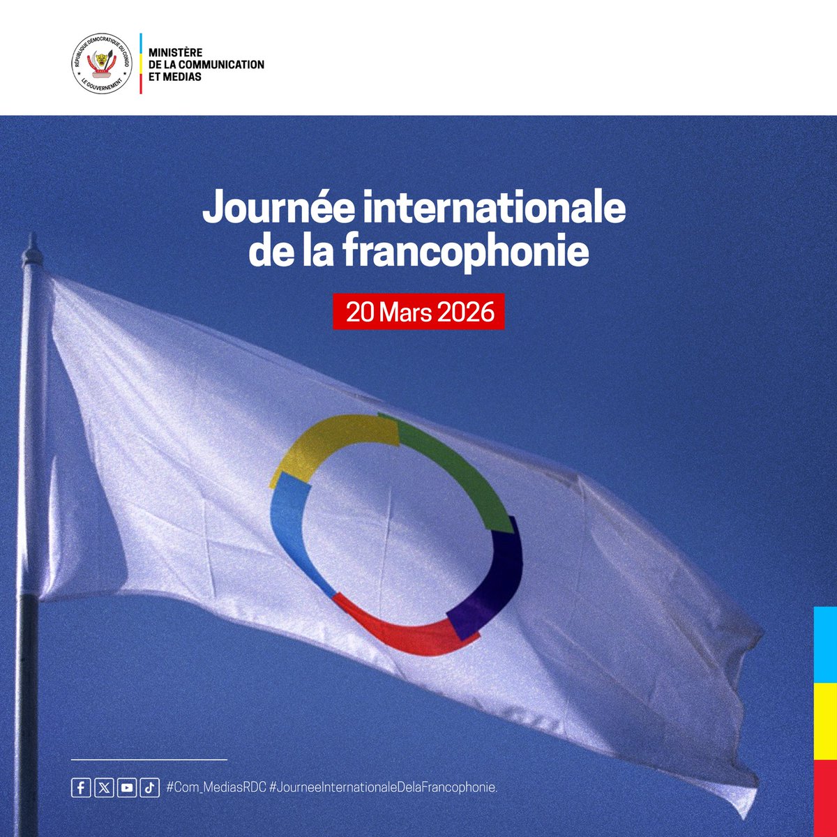 Com_mediasRDC's tweet photo. 🌍 Journée internationale de la Francophonie

La RDC, plus grand pays francophone au monde, porte une voix forte, vivante et créative au sein de l’espace francophone.

À travers sa candidature, elle réaffirme son ambition : contribuer activement à une Francophonie tournée vers l’avenir, la solidarité et le développement.

🇨🇩 Le cœur de la Francophonie bat en RDC.

#Francophonie #RDC #OIF