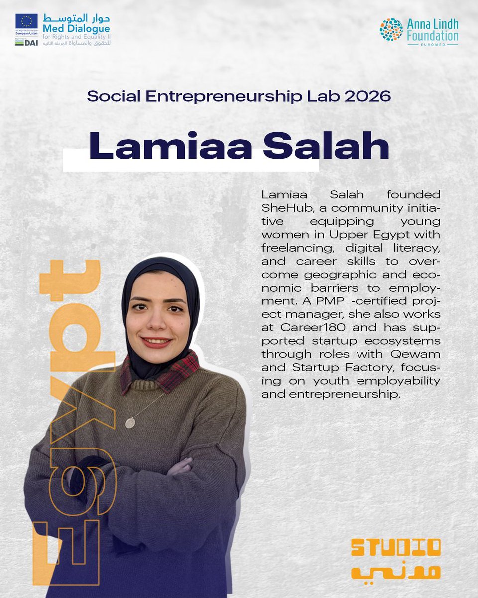 Lamiaa Salah, founder of SheHub, empowers young women in Upper Egypt with freelancing, digital, and career skills to overcome barriers to employment. A PMP®-certified PM at Career180, she also supports youth employability via Qewam and Startup Factory.