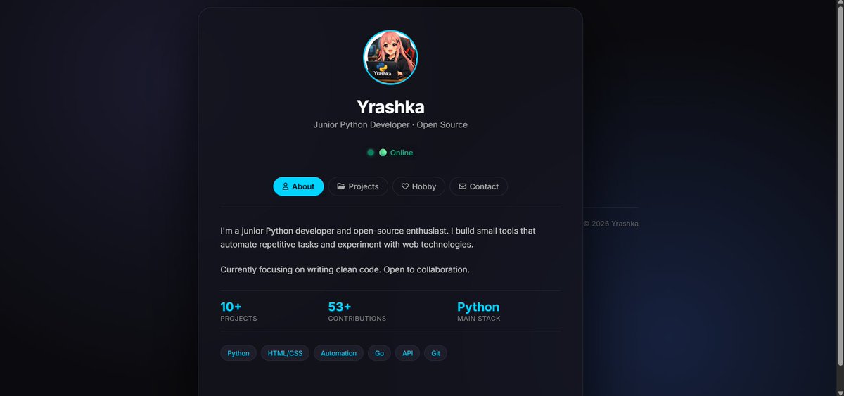 Yrashka200's tweet image. Update for website …ashka200-portfolio-website.vercel.app

Now you can now view my correct status: 
Online = I'll respond as soon as possible.
Offline = I'm sleeping/busy, responses may be delayed

#html #css