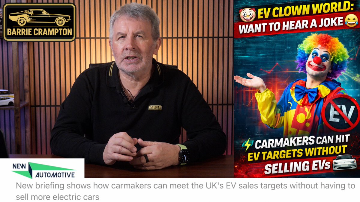 BarrieCrampton's tweet photo. Live at 7-30 pm tonight, you have to laugh or else you would cry!
π€‘ EV Clown World: Want to Hear a Joke? π Carmakers Can Hit EV Targets Without Selling EVs β‘π
#EV #ElectricCars #CarIndustry #ZEVMandate #MotorTrade
Want to hear a joke?
Carmakers can now hit their EV sales targets without actually selling EVs.
In this video, I break down the madness behind the latest EV target rules and flexibilities, and why the whole thing is starting to look like complete clown world.
If the target can be met without real EV demand, without real consumer uptake, and without actually selling the cars in the numbers claimed, then what exactly is the point?
This is supposed to be a market transition. Instead, itβs starting to look more like an accounting exercise, a political box-ticking scam, and a way of pretending everything is on track when it clearly isnβt.
I go through what this means for car makers, the motor trade, ordinary buyers, and why this should concern anyone who still thinks the EV push is being driven by genuine consumer demand.
Let me know what you think in the comments:
Is this smart policy, or is it pure EV clown world?
https://t.co/ufcPrUcHwv