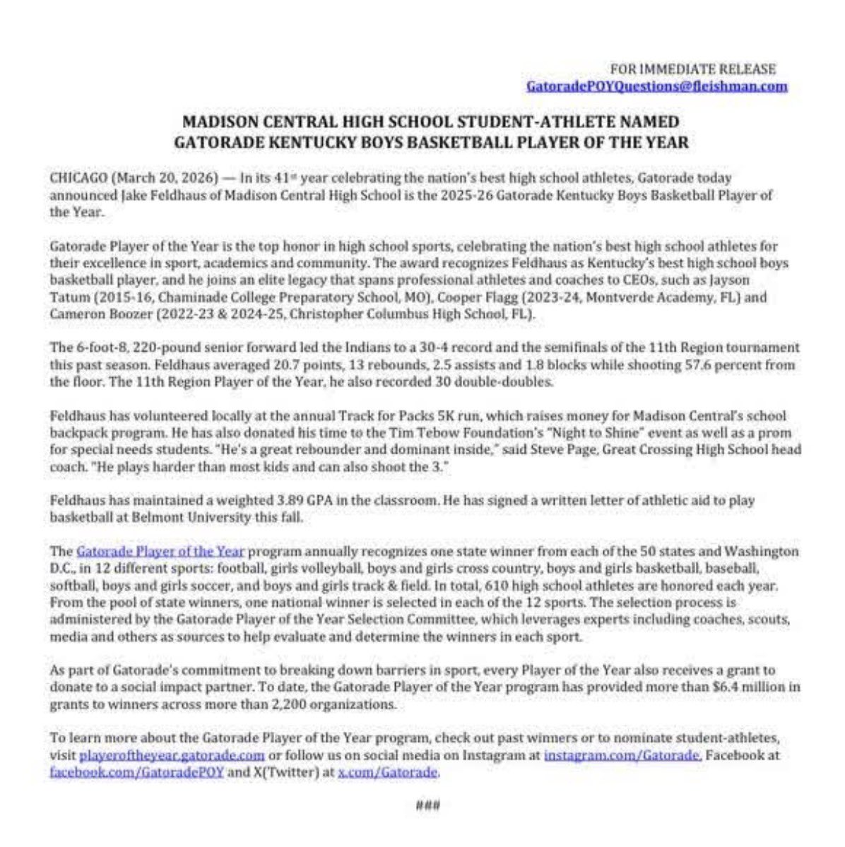 Madison Central’s Jake Feldhaus is the Gatorade Kentucky Boys Basketball Player of the Year.