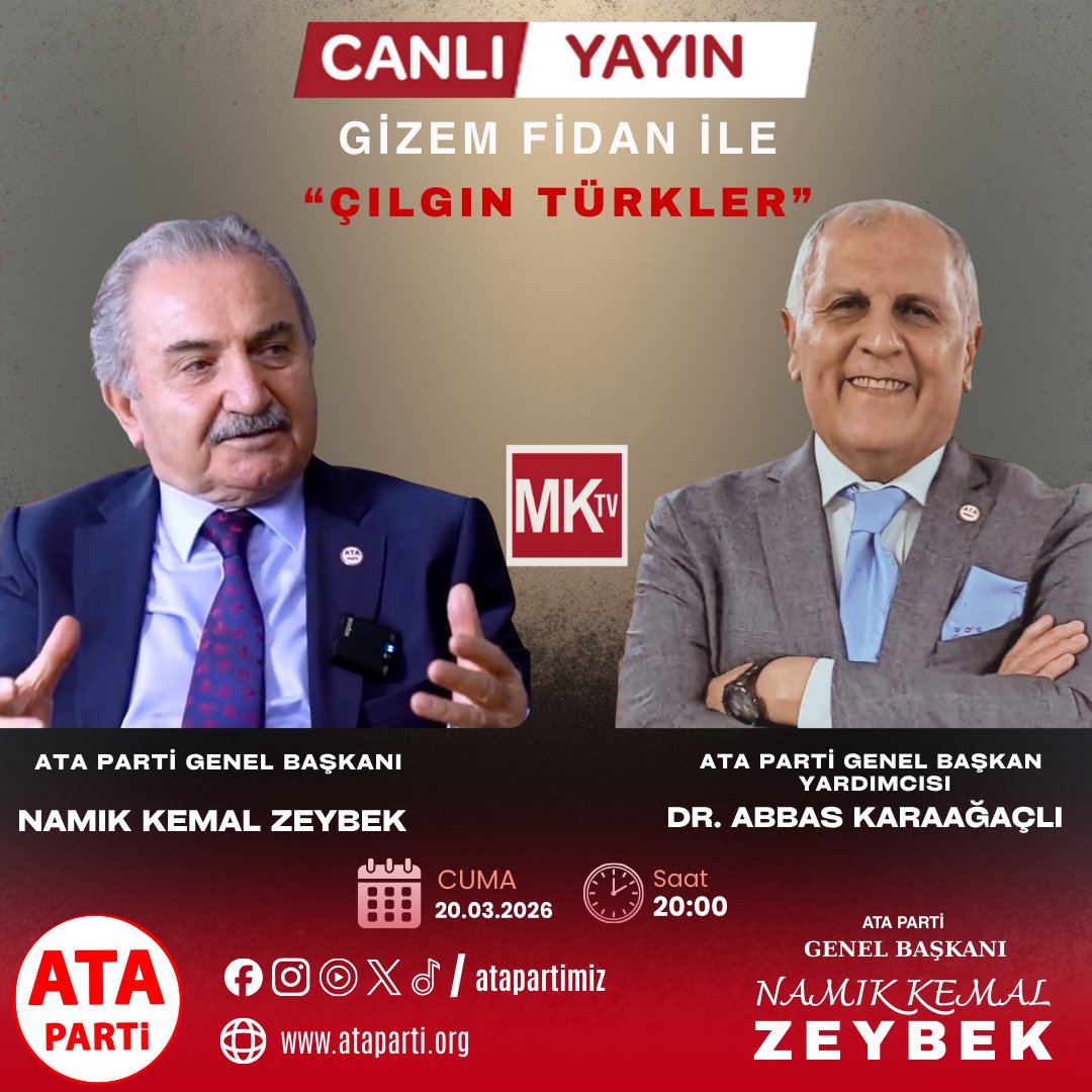 Genel Başkanımız             
Sayın Namık Kemal ZEYBEK  ve  
Genel Başkan Yardımcımız   
Sayın  Dr. Abbas KARAAĞAÇLI                             

MK TV ekranlarında                
#Canlı yayınlanan                
Gizem Fidan ile #ÇılgınTürkler              
adlı programa