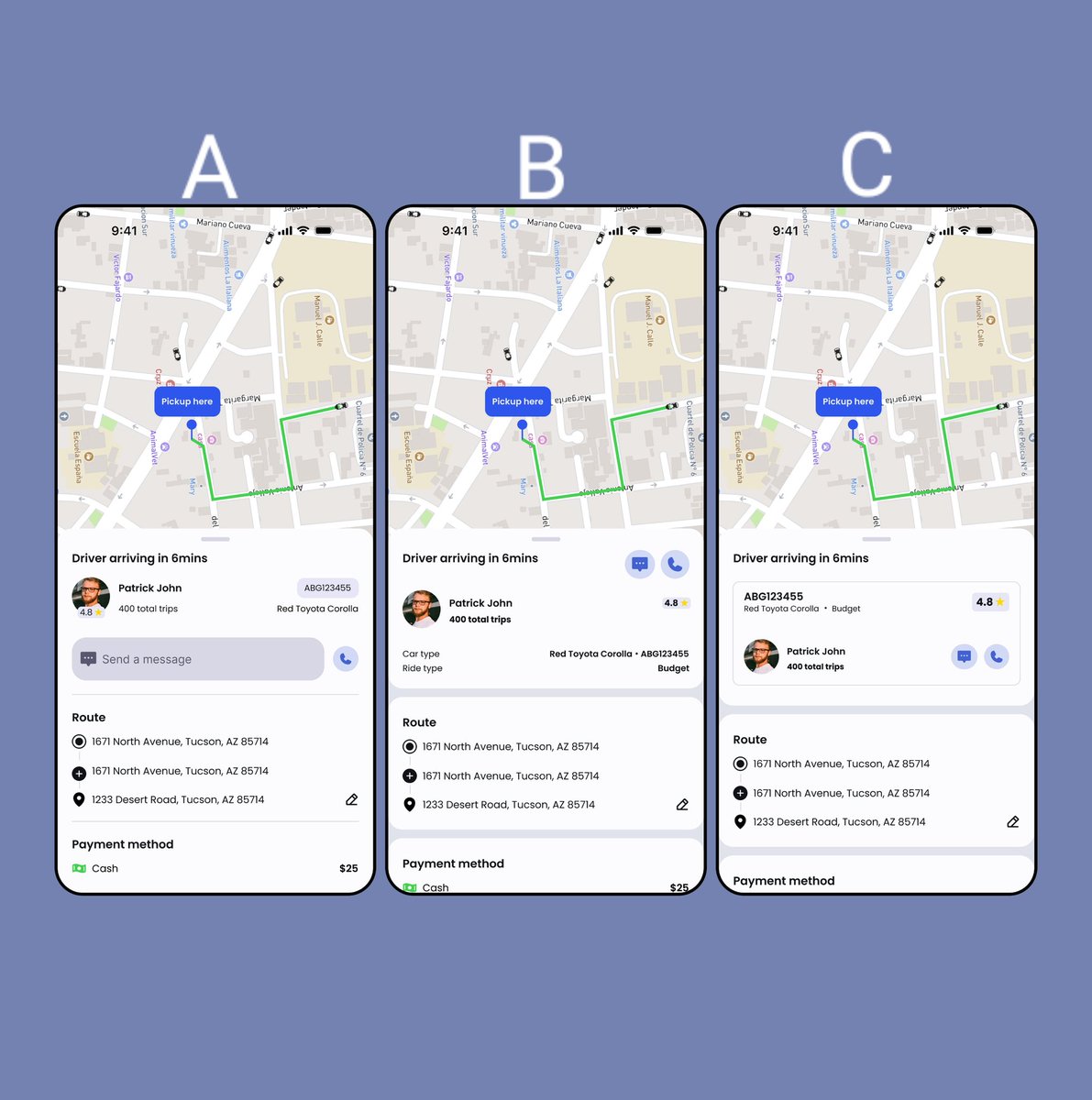 FortuneUIUX's tweet photo. Designing the "Driver Arriving" experience for Goswift a ride-hailing app 

I explored 3 different layout directions
Each one optimizes for a different thing:
Speed &amp; clarity
Accessibility of actions (call/message)
Information hierarchy

Which one would you ship and why? https://t.co/NFDCVZDLM5
