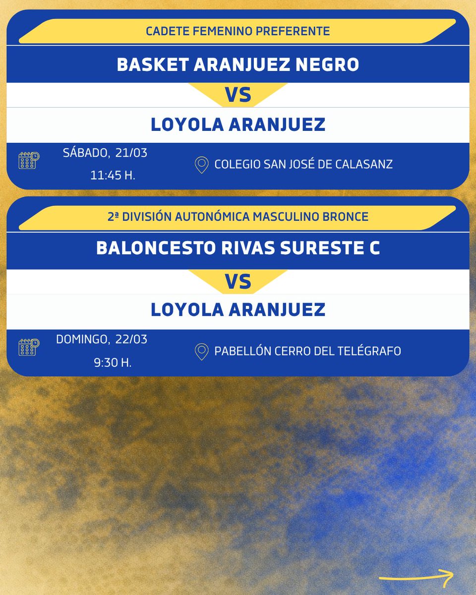 🏀 Nueva jornada para el CBS Loyola Aranjuez

Fin de semana lleno de partidos y oportunidades para seguir creciendo 💪

¡Nos vemos en la grada! 💙💛

#123Loyola #Aranjuez