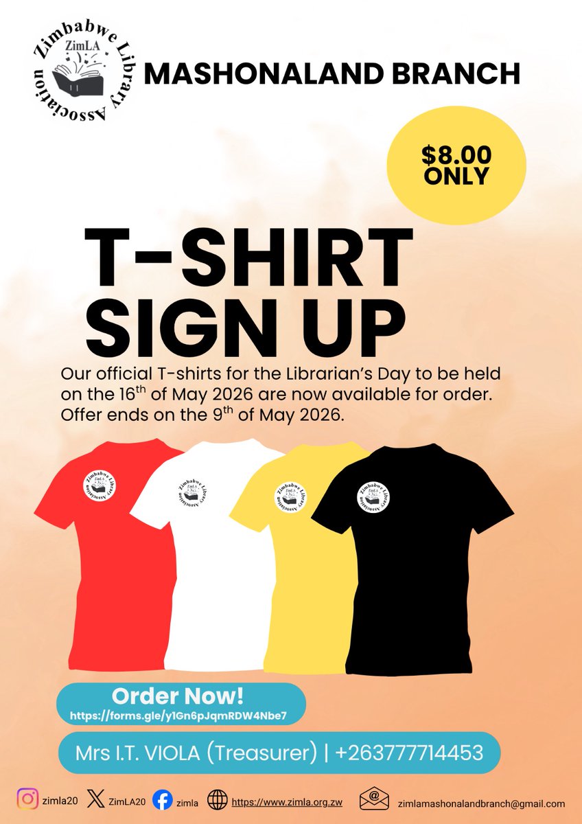 sithembenitanya's tweet photo. ZIMLA MASHONALAND BRANCH TSHIRT SIGN UP

​Our official event T-shirts are now available for order.

Click the link below to sign up and select your size.
​👉https://t.co/kDZ97mhjTO

For payment contact the Treasurer Mrs I.T. Viola on +263777714453

​⚠️ The offer ends 9 May 2026 https://t.co/a1sDHpBrFM