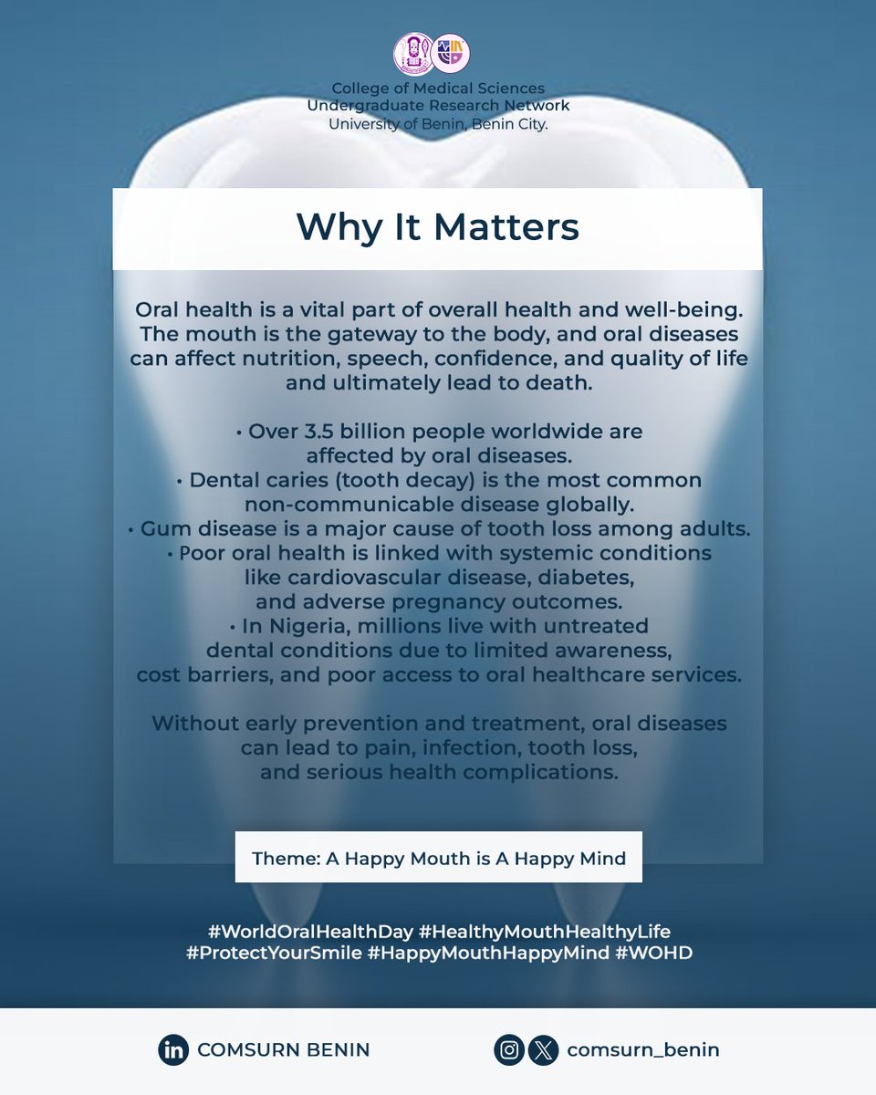 comsurn_benin's tweet photo. World Oral Health Day 🦷 (March 20)

Let’s reduce oral diseases &amp; promote healthy smiles at every age.

Brush 2x daily, eat balanced meals, limit sugar, stay hydrated &amp; visit your dentist regularly.

A happy mouth = a happy life 😊
#WorldOralHealthDay #HappyMouthHappyLife https://t.co/2poCstOhFW