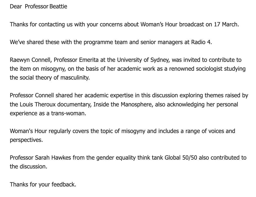 TinaBeattie's tweet photo. I've never received such a quick response from the BBC to a complaint. I know others here received the same response to complaints about @BBCWomansHour. Here is the BBC's response, and my response to theirs. @JournalismSEEN @ripx4nutmeg https://t.co/XlYJhficfW