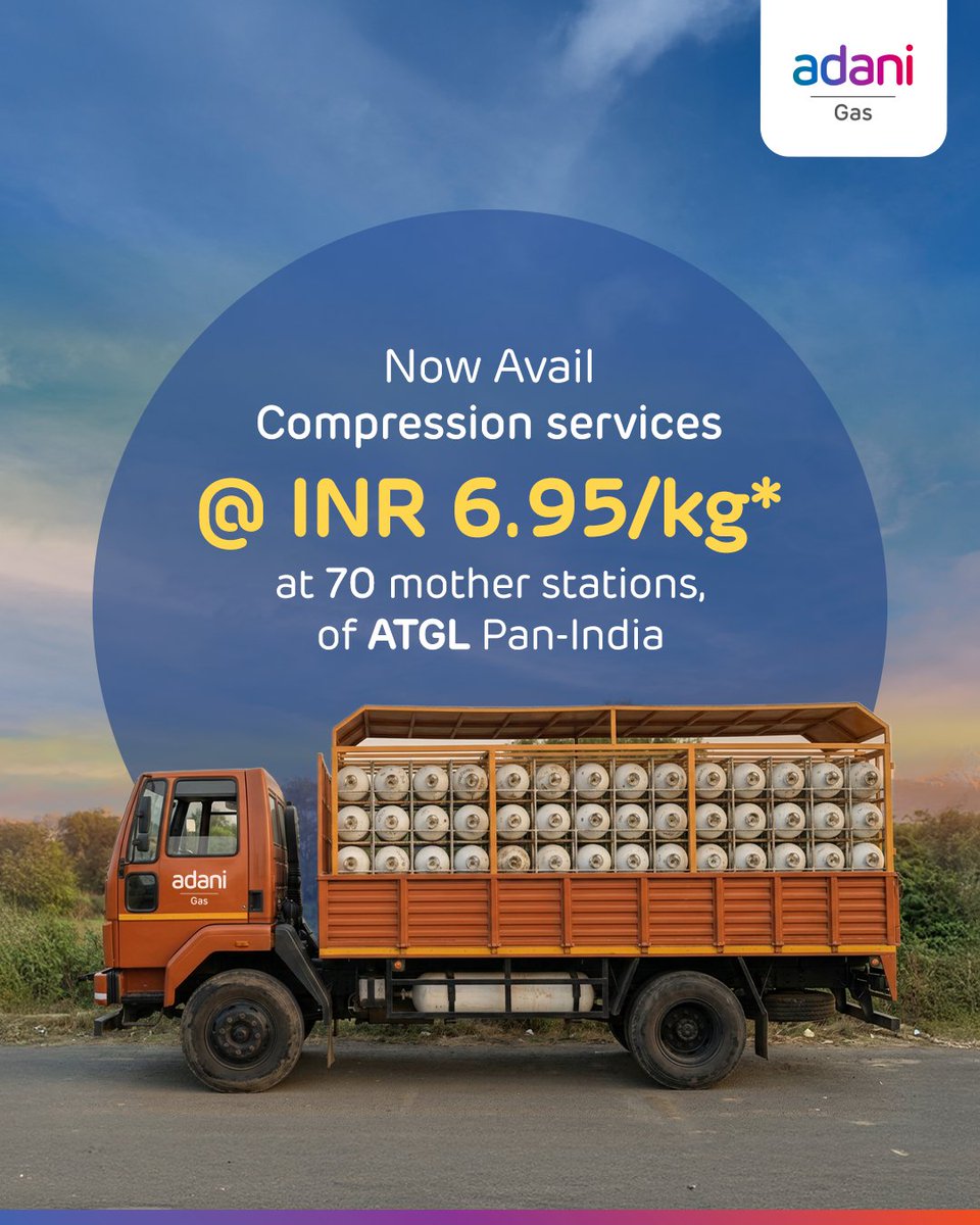 Adani_Gas's tweet photo. Compression charges revised to ₹6.95/kg + taxes across 70 ATGL mother stations pan-India. A step towards more cost-efficient CNG distribution.

For details: soumil.uniyal@adani.com

T&amp;C Apply | Swipe to view stations https://t.co/q4VaDoSymk