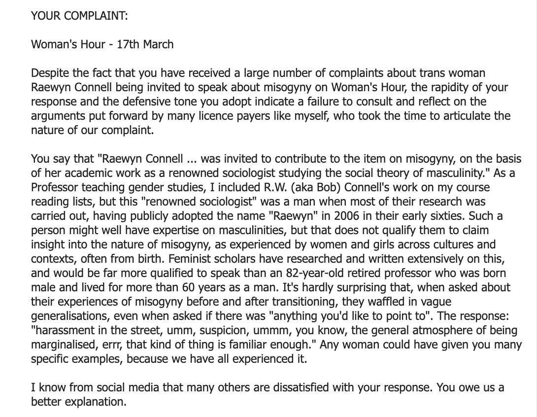 TinaBeattie's tweet photo. I've never received such a quick response from the BBC to a complaint. I know others here received the same response to complaints about @BBCWomansHour. Here is the BBC's response, and my response to theirs. @JournalismSEEN @ripx4nutmeg https://t.co/XlYJhficfW