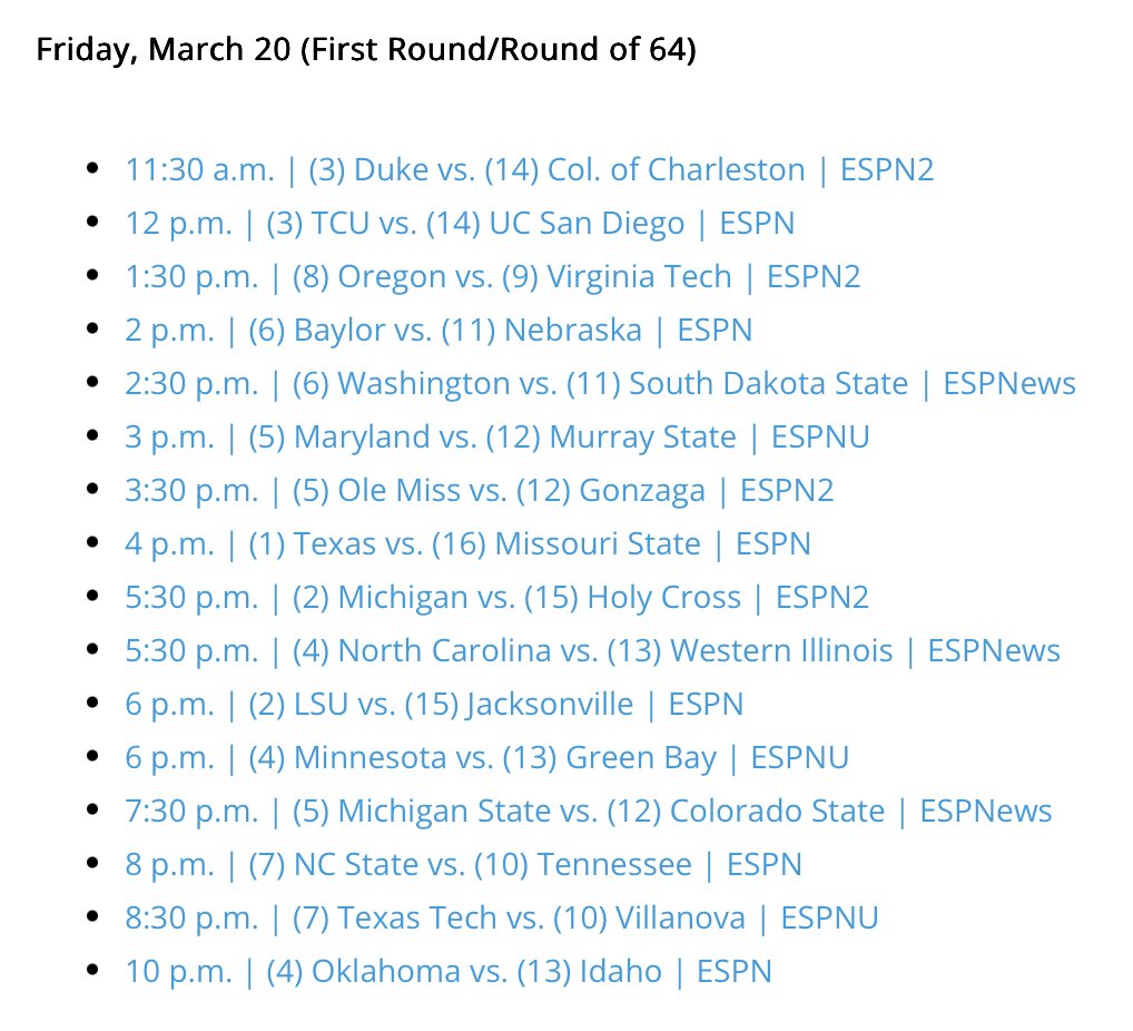 ChuckyT3's tweet image. Tip-off times (Eastern) for today's half of the #FirstRound of the women's #NCAATournament