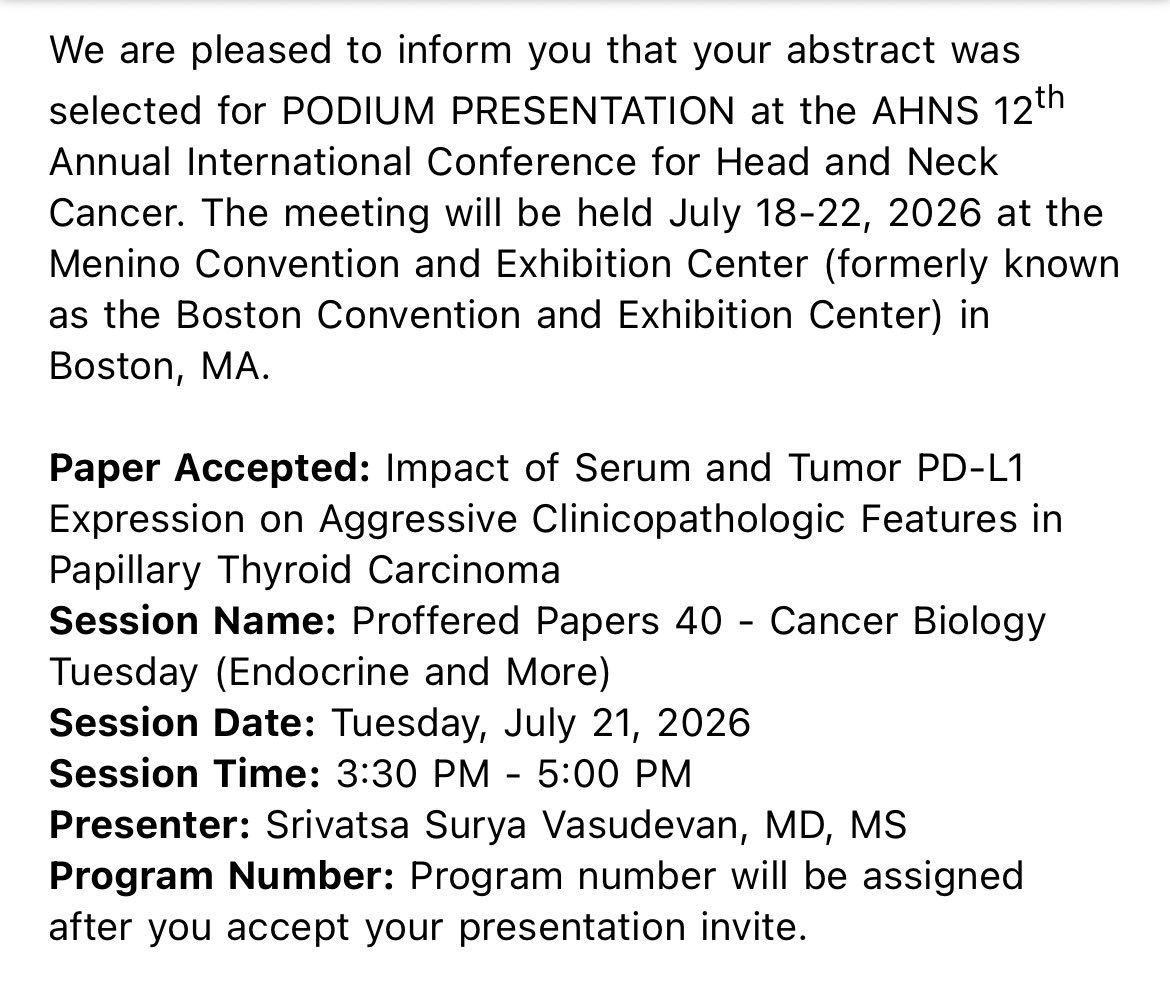 janmarin's tweet photo. Abstract accepted for podium presentation at the 2026 American Head and Neck Society Annual Meeting in Boston, USA https://t.co/6zyLb5vgMT