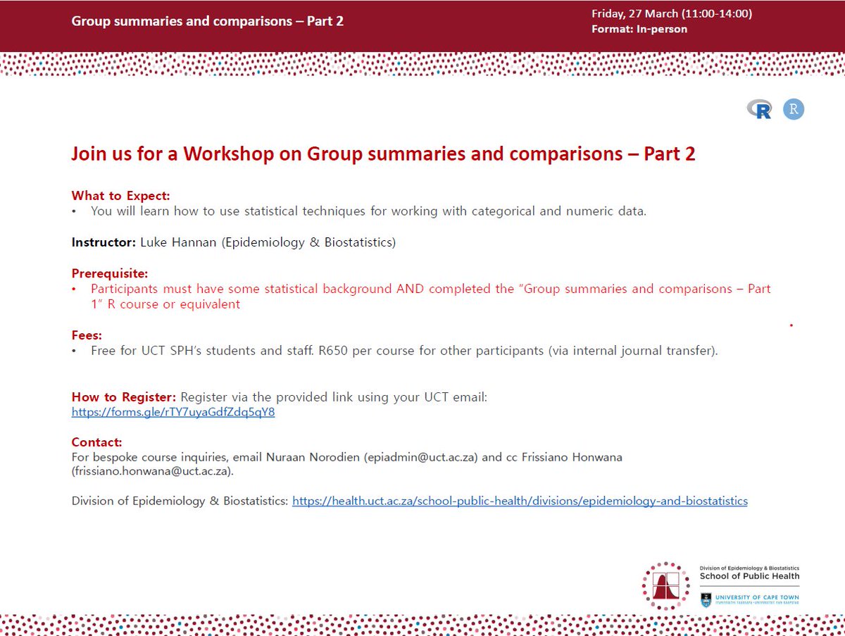 EpiBiostats_UCT's tweet photo. Don’t miss our two in-person upcoming R workshops next week! 
Multiple imputation with R:
🔗 https://t.co/92D6DCdYB5
📅 Weds, March 25
🕛 11:00 - 14:00
🧑🏾‍💻 Advanced 

Group summaries and comparisons with R:
🔗 https://t.co/bVMwLlZ4FR
📅 Fri, March 27
🕛 11:00 - 14:00
🧑🏾‍💻 Beginner https://t.co/lN7rfrf9l9