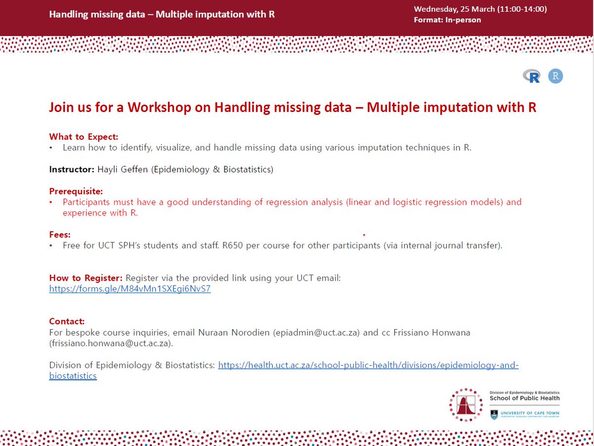 EpiBiostats_UCT's tweet photo. Don’t miss our two in-person upcoming R workshops next week! 
Multiple imputation with R:
🔗 https://t.co/92D6DCdYB5
📅 Weds, March 25
🕛 11:00 - 14:00
🧑🏾‍💻 Advanced 

Group summaries and comparisons with R:
🔗 https://t.co/bVMwLlZ4FR
📅 Fri, March 27
🕛 11:00 - 14:00
🧑🏾‍💻 Beginner https://t.co/lN7rfrf9l9