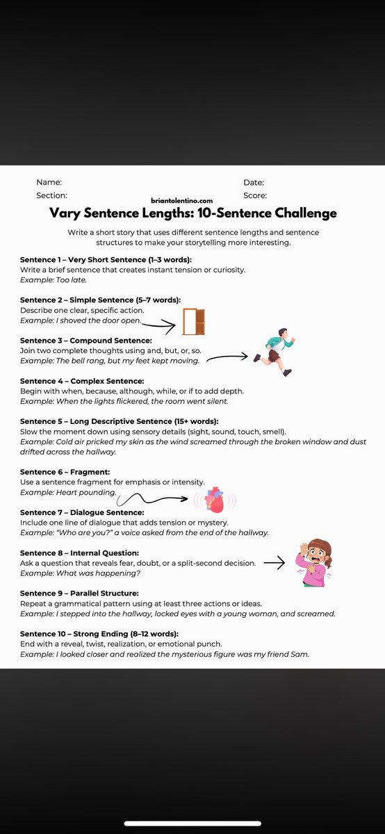 TolentinoTeach's tweet photo. Vary Sentence Lengths: 10-Sentence Challenge!

Link: https://t.co/HngfUud6DU https://t.co/LXvDH6WLVT