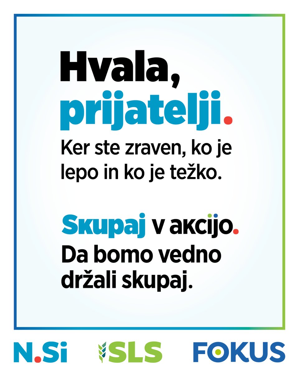 NovaSlovenija's tweet image. Naša kampanja je razširila sporočilo hvaležnosti in daleč presegla politične okvire. 

Hvala vsem, ki po svojih močeh prispevate v skupno dobro. Vaš trud ni neopažen!

Še vedno se lahko zahvalite tudi sami: skupajvakcijo.si/meme/

#skupaj #volitve2026 @strankaSLS @Fokus_stranka
