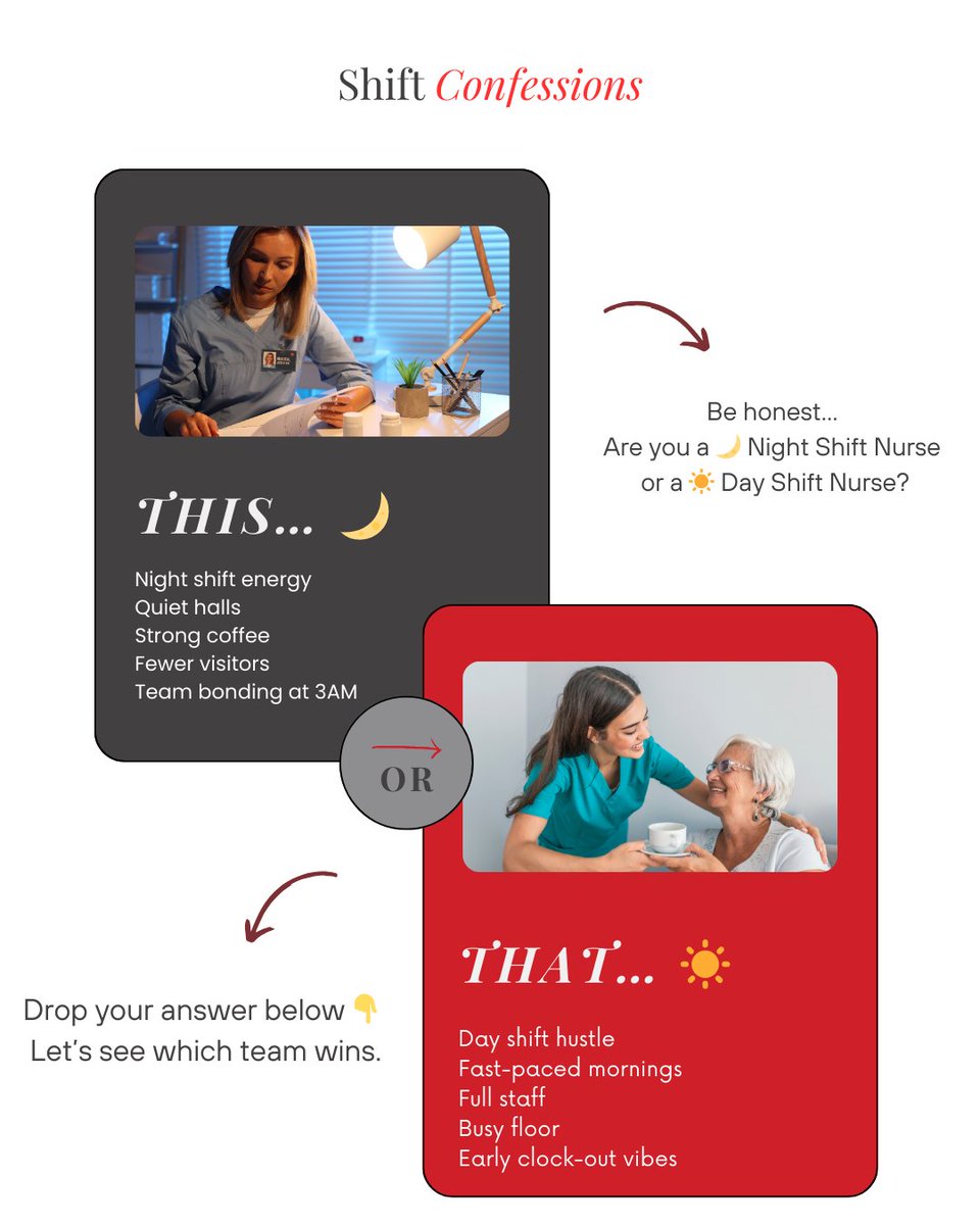 CynaMed's tweet photo. 🌙 THIS… or THAT… ☀️

Are you a 🌙 Night Shift Nurse
or a ☀️ Day Shift Nurse?

Drop your answer below 👇 Let’s see which team wins.
#ShiftConfessions #NightShiftNurse #DayShiftNurse #NurseLife #CynaMed https://t.co/yXaJAa1NA5