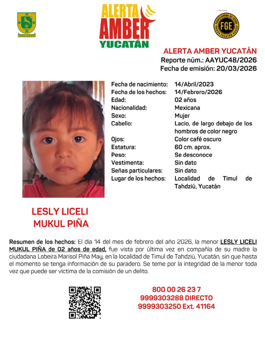 #AAYUC Informa de la ACTIVACIÓN de una ALERTA AMBER Estatal solicitando de su amable apoyo para la búsqueda y localización de las menores GEYMI BRISEYDA y LESLY LICELI ambas de apellidos MUKUL PIÑA de 05 y 02 años de edad respectivamente, en el Estado de Yucatán. <a href="/fgeyucatan/">FGE Yucatán</a>