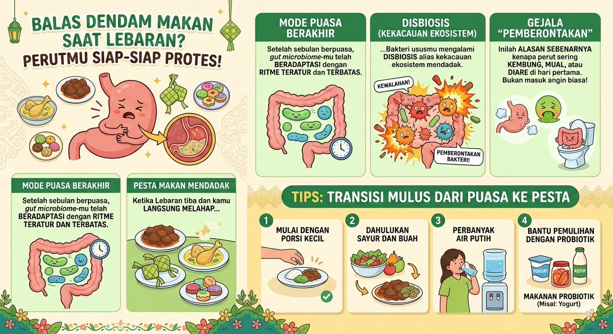 AymanAlatas's tweet photo. Balas Dendam Makan Saat Lebaran? Perutmu Siap-Siap Protes!

Setelah sebulan berpuasa, gut microbiome mu telah beradaptasi dengan ritme makan yang teratur dan terbatas, sehingga ketika Lebaran tiba dan kamu langsung melahap opor, rendang, ketupat, hingga kue-kue manis sekaligus, bakteri ususmu mengalami disbiosis alias kekacauan ekosistem yang mendadak, dan inilah alasan sebenarnya kenapa perut sering kembung, mual, atau diare di hari pertama Lebaran itu bukan masuk angin biasa, melainkan "pemberontakan" triliunan bakteri ususmu yang kaget dan kewalahan. 

Tips: Mulai dengan porsi kecil, dahulukan sayur dan buah sebelum hidangan berat, perbanyak air putih, dan bantu pemulihannya dengan yogurt atau makanan probiotik agar transisi dari mode puasa ke mode pesta berlangsung lebih mulus.

dr. Ayman Alatas SpMK