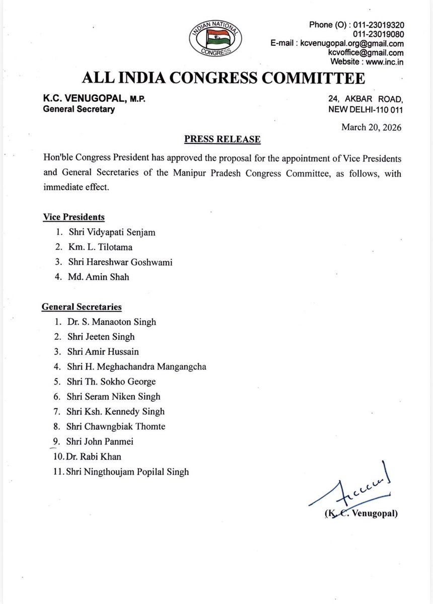 INCSandesh's tweet photo. Hon'ble Congress President has approved the proposal for the appointment of Vice Presidents and General Secretaries of the Manipur Pradesh Congress Committee, as follows, with immediate effect. https://t.co/FrsaQdat9f