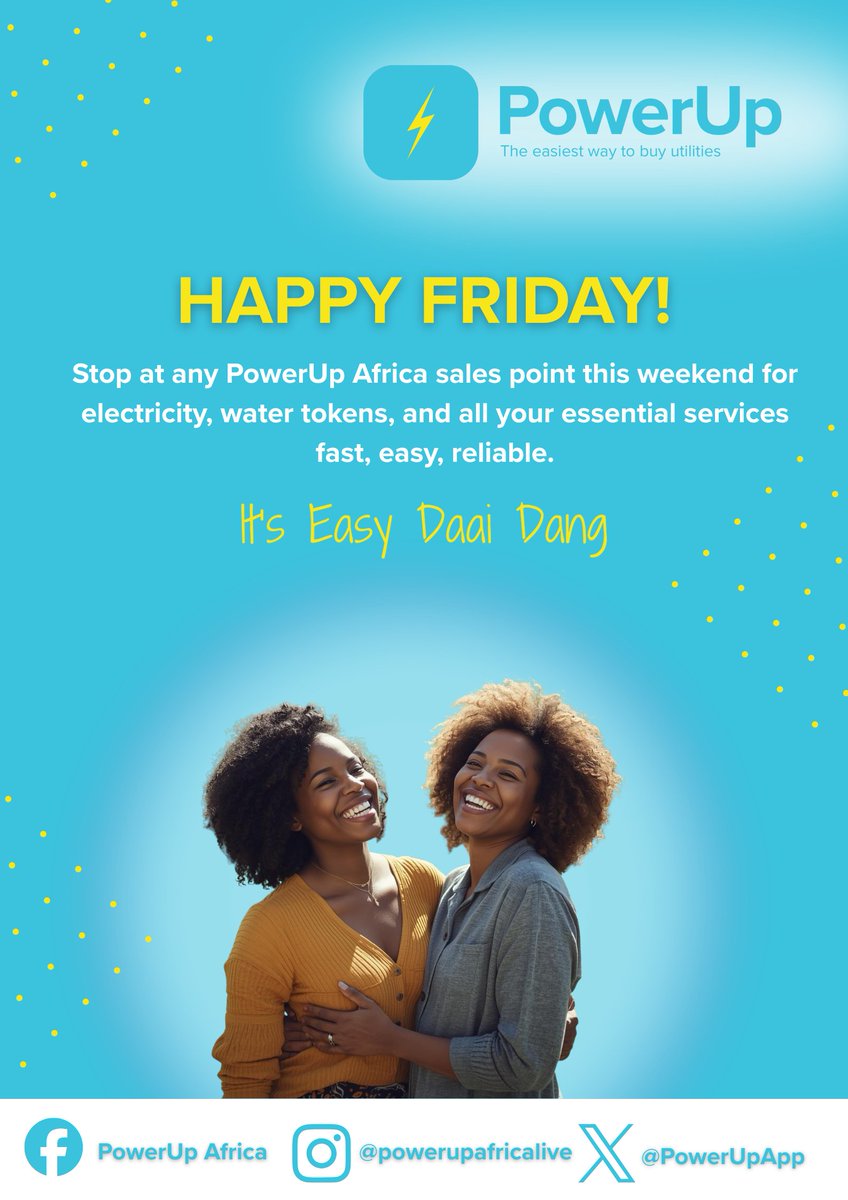 PowerUpApp's tweet photo. Woza Friday! Life doesn’t pause and neither should your essentials ⚡💧

With prepaid electricity and water from PowerUP Africa, convenience is in your neighborhood. 

#itseasydaaidang #lightupmzansi #everydayconvenience #powerupafrica #powerpeople #easypower #livepower https://t.co/w2j56E3GMF