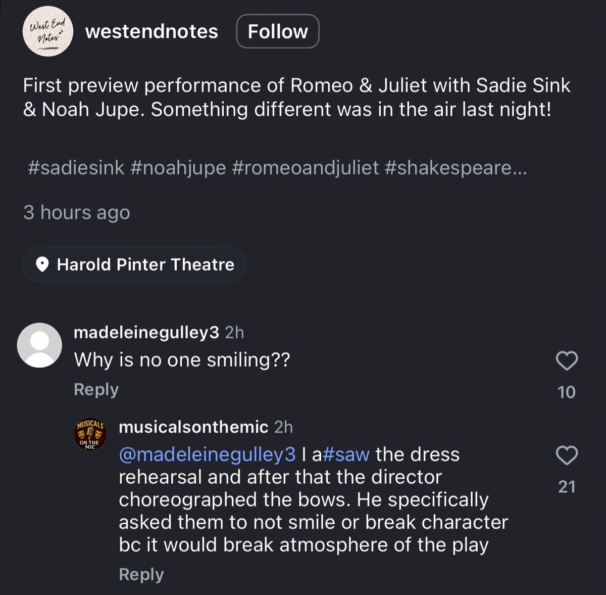 RNJWestEnd's tweet image. 📝 A fun fact about the curtain call since everyone has been asking about why the cast looked upset at the end. ☺️